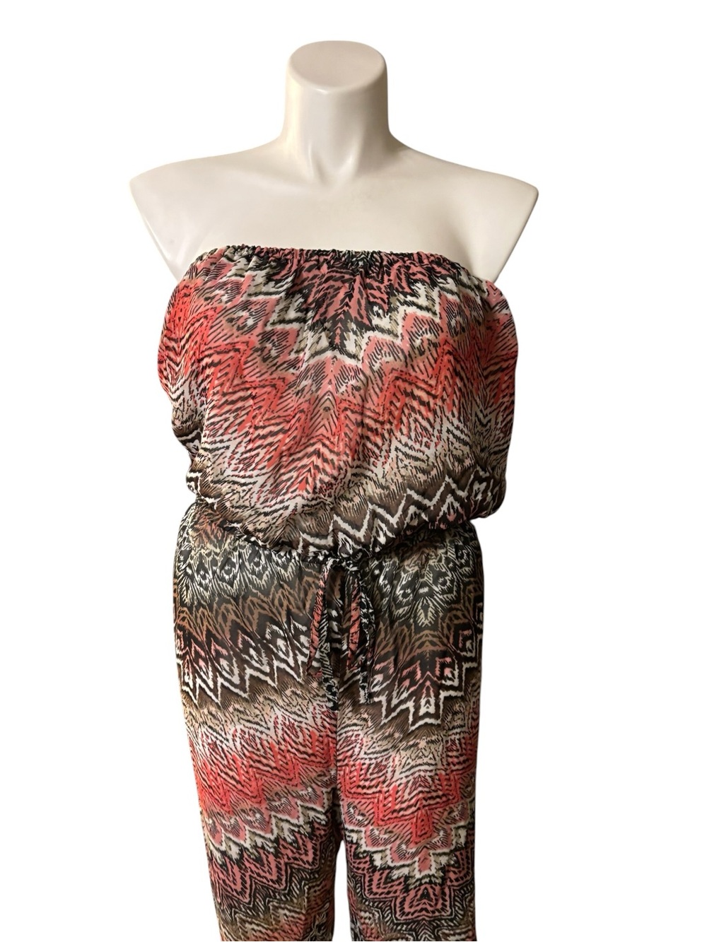 Feathers 3X Strapless Chevron-Print Jumpsuit in Rust Dusty Rose Brown Drawstring - Picture 3 of 8
